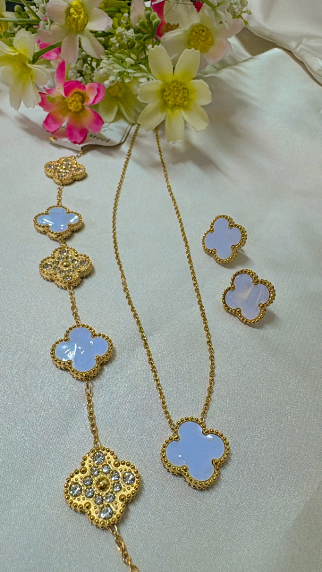 Four Leaf Clover Necklace Earrings and Bracelet Set White