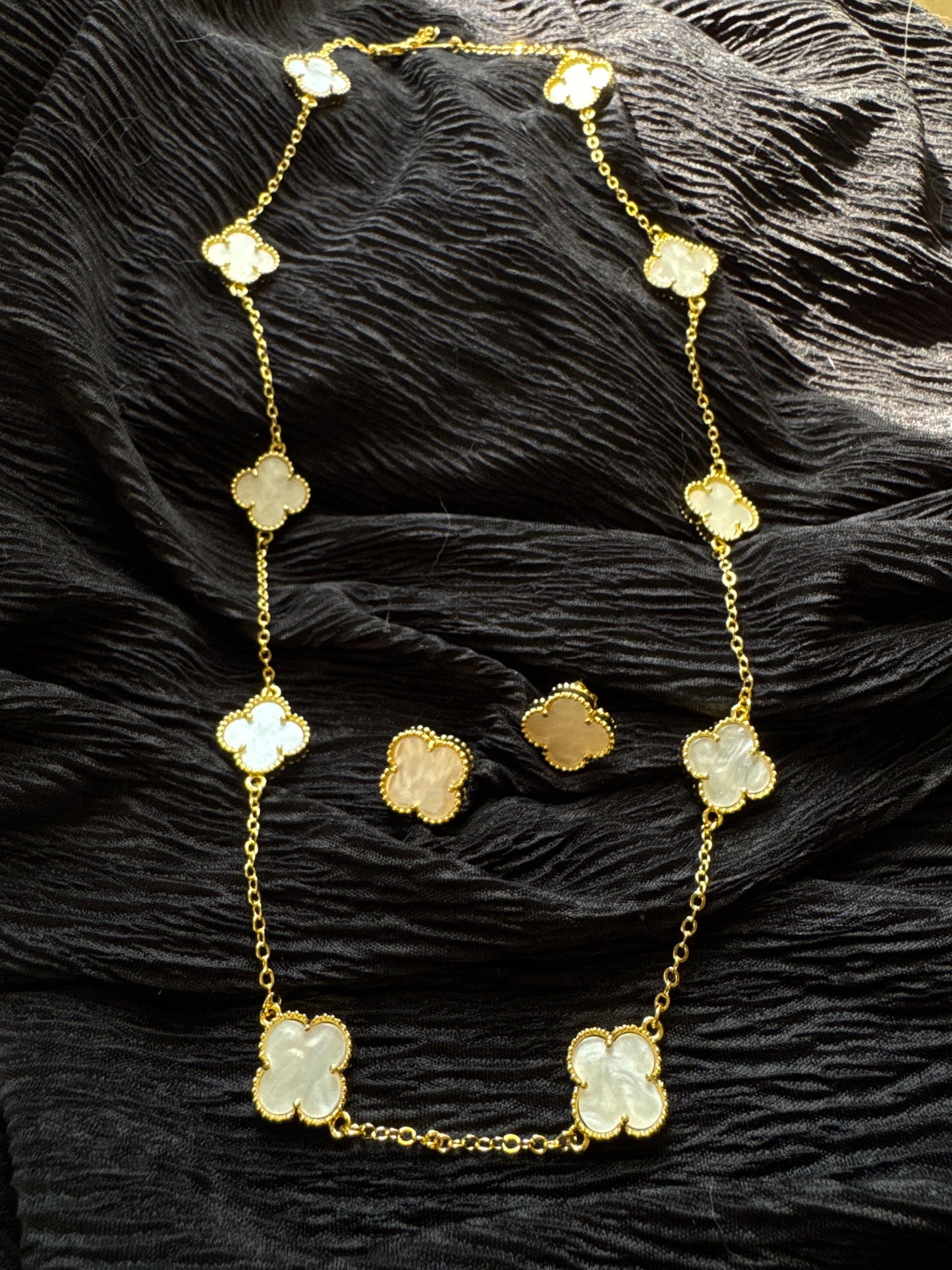 White Four Leaf Clover Necklace and Earrings Set