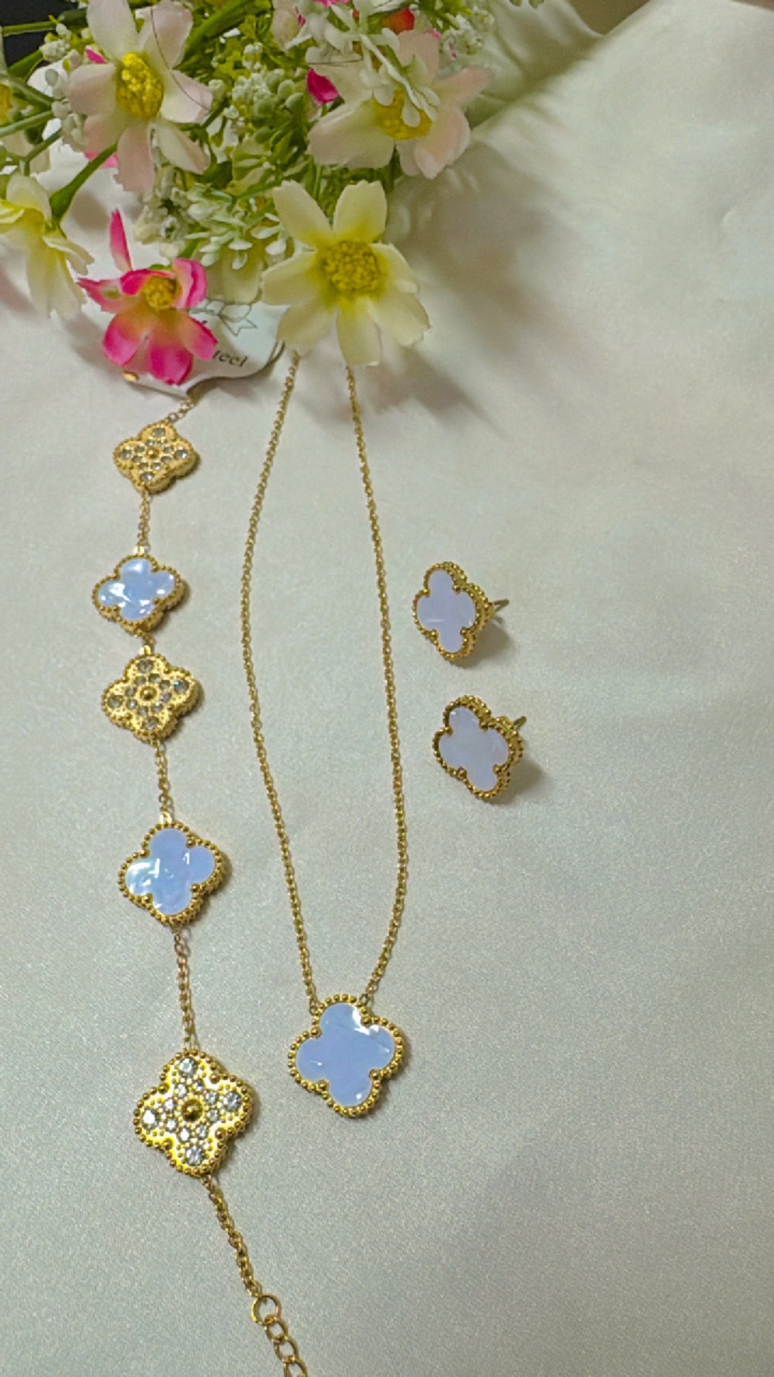 Four Leaf Clover Necklace Earrings and Bracelet Set White