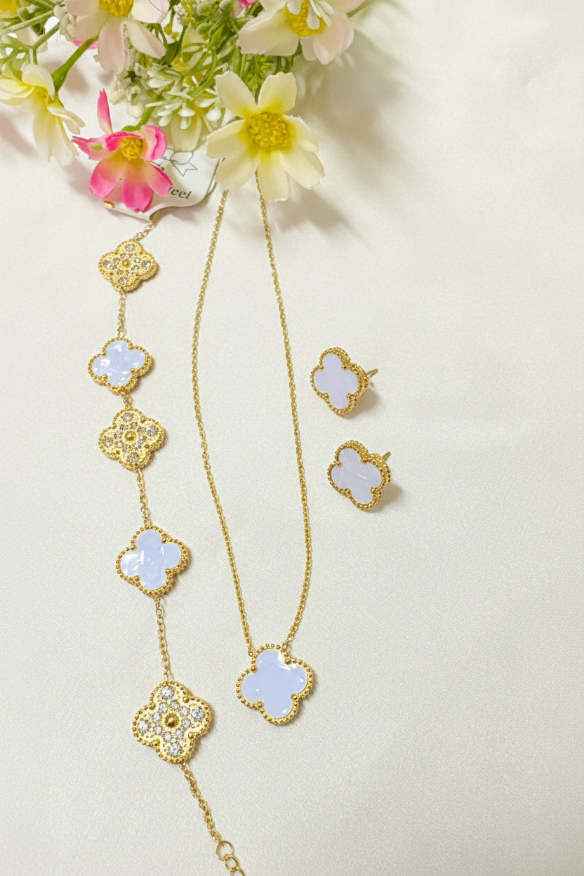 Four Leaf Clover Necklace Earrings and Bracelet Set White