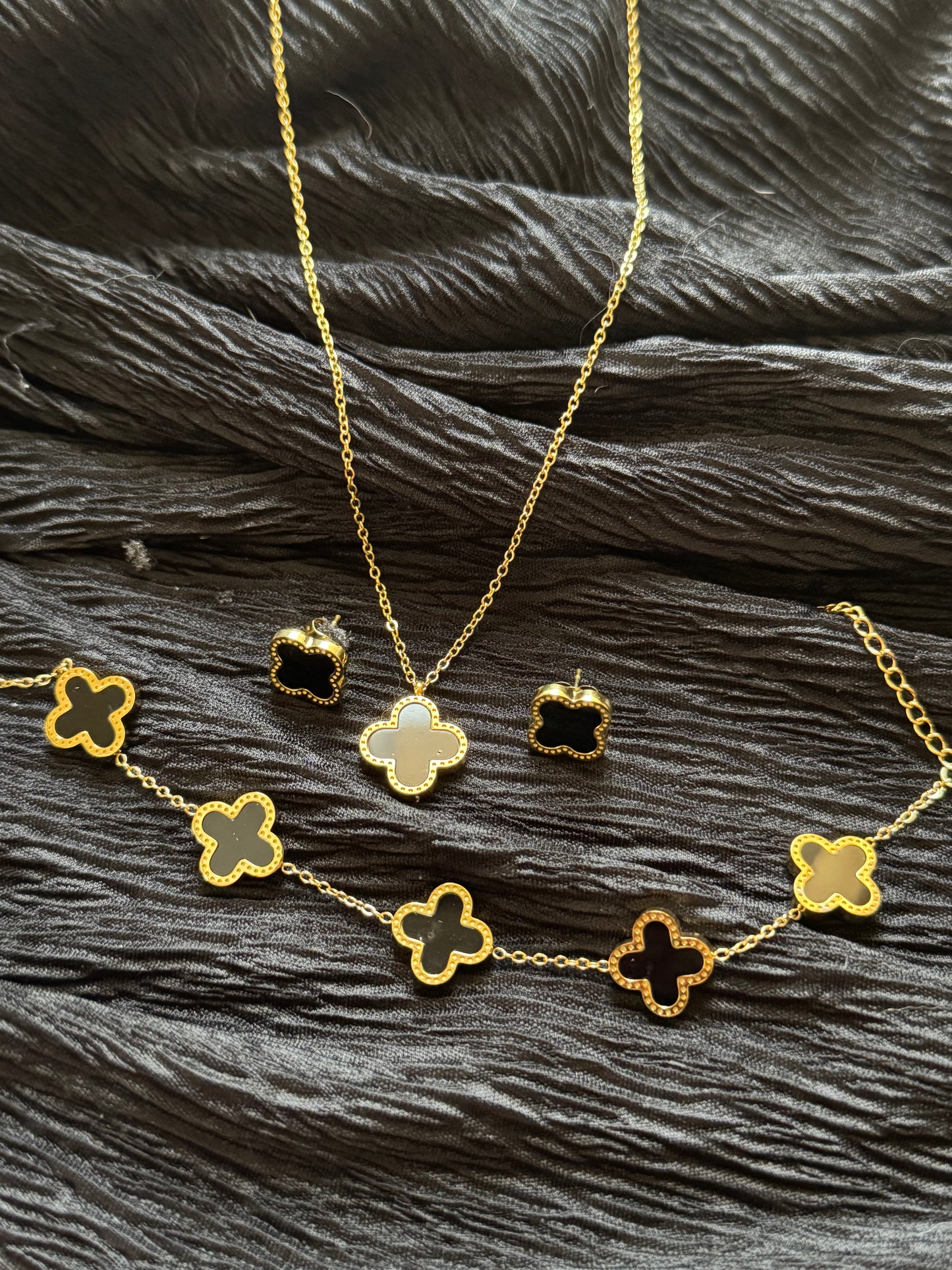 Four Leaf Clover Necklace Bracelet and Earrings Set Black