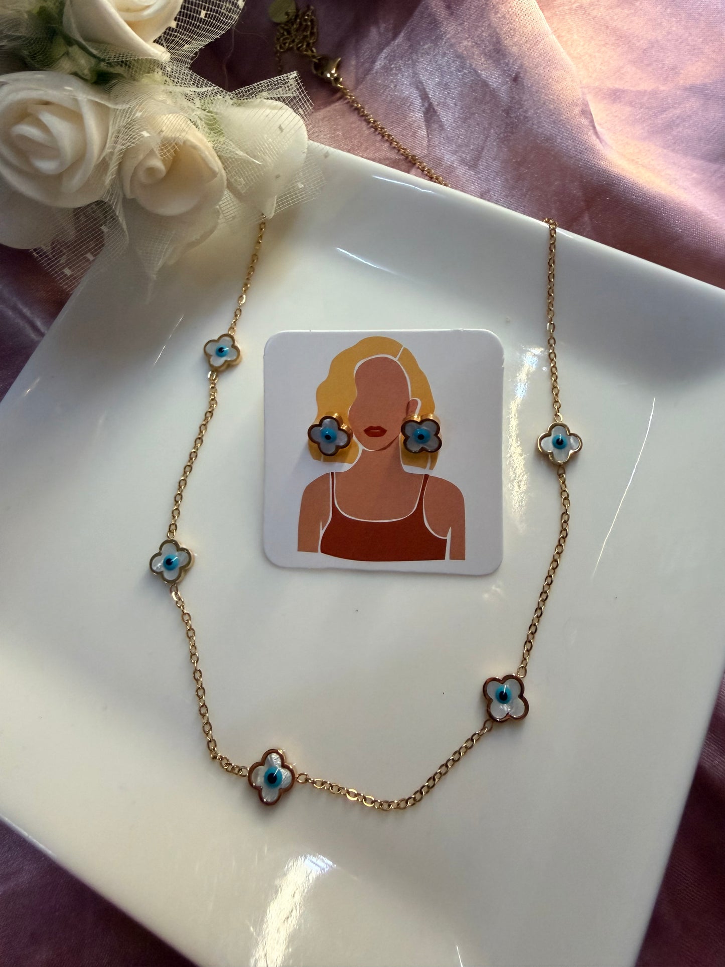 Floral Eye Necklace and Earrings Set