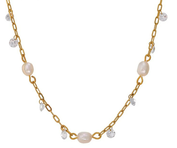 Natural Pearl & CZ Chain Necklace