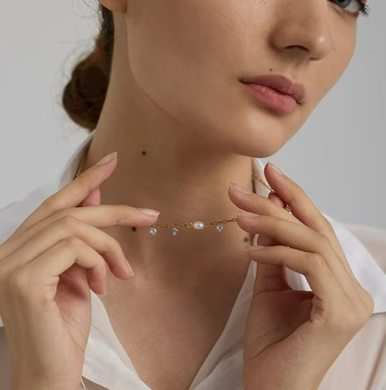 Natural Pearl & CZ Chain Necklace