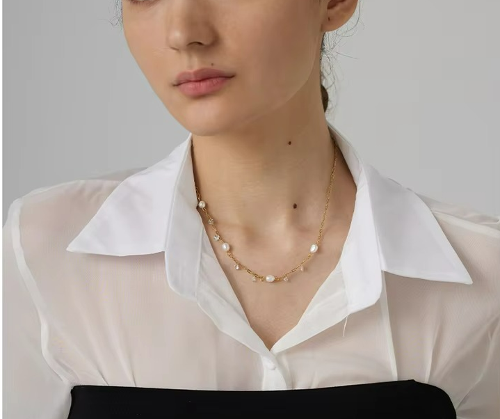 Natural Pearl & CZ Chain Necklace