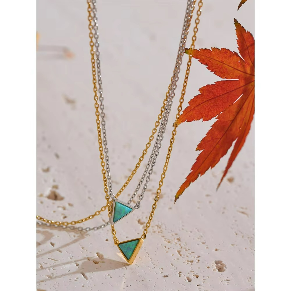 Natural Opal Stone Triangle Pendant Necklace