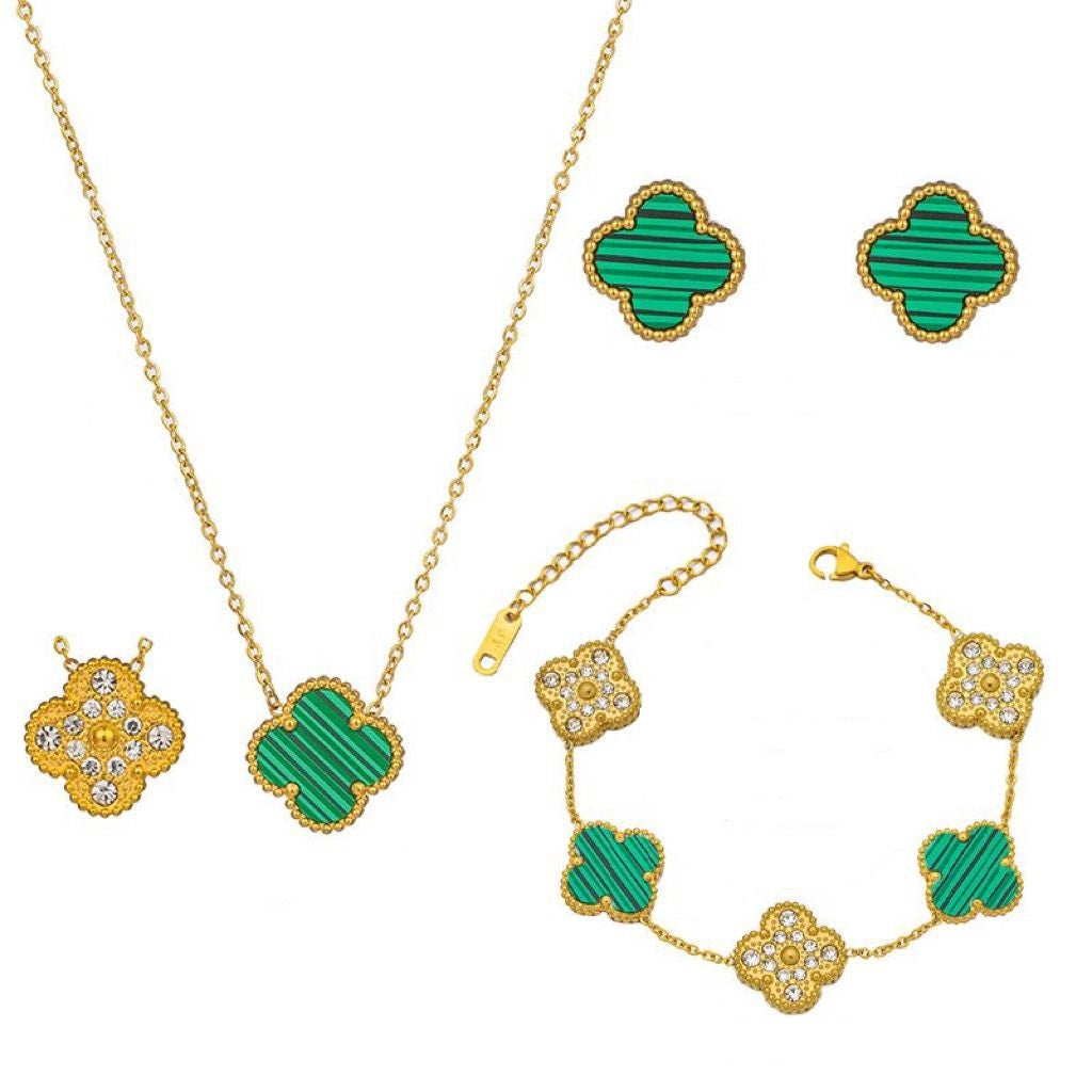 Four Leaf Clover Necklace Earrings and Bracelet Set Green
