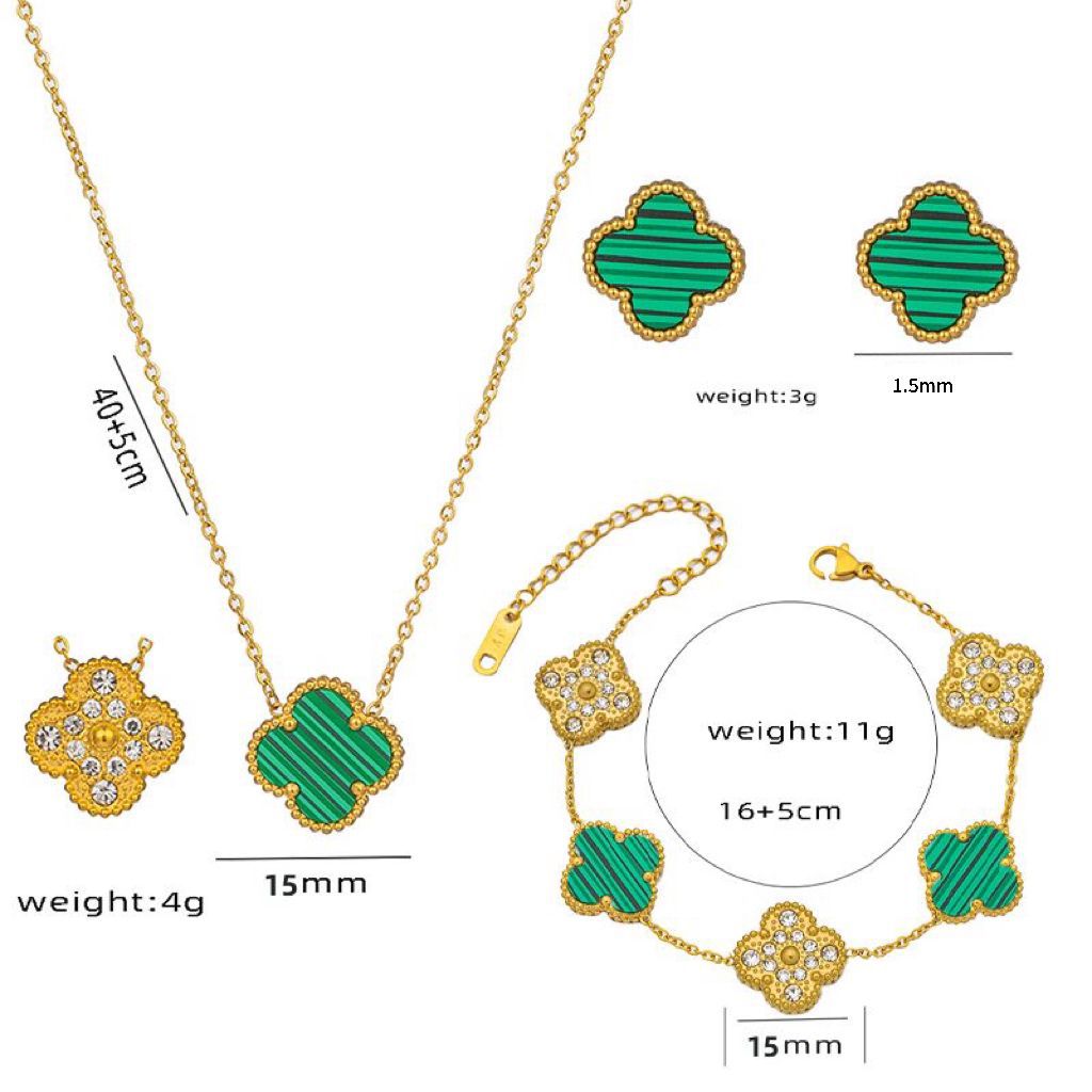 Four Leaf Clover Necklace Earrings and Bracelet Set Green