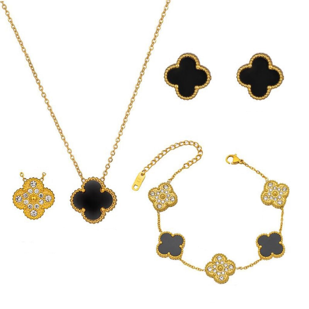 Four Leaf Clover Necklace Earrings and Bracelet Set Black