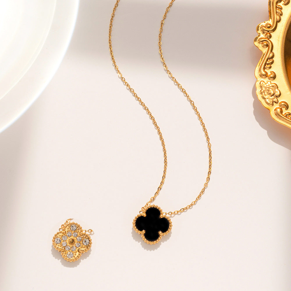 Four Leaf Clover Necklace Earrings and Bracelet Set Black