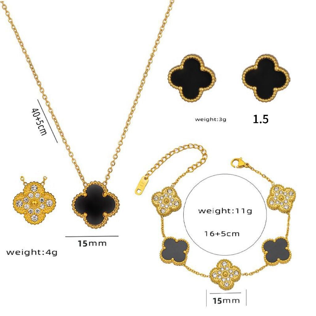 Four Leaf Clover Necklace Earrings and Bracelet Set Black