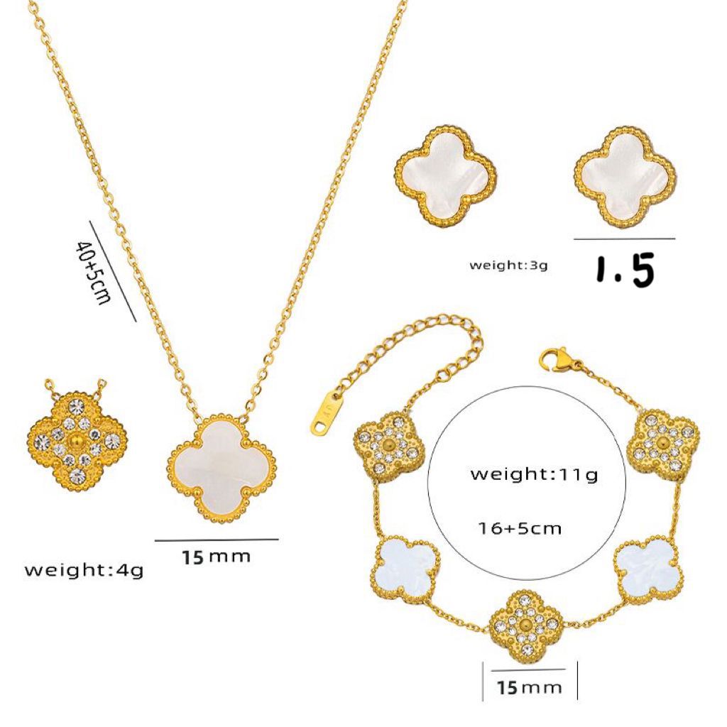 Four Leaf Clover Necklace Earrings and Bracelet Set White