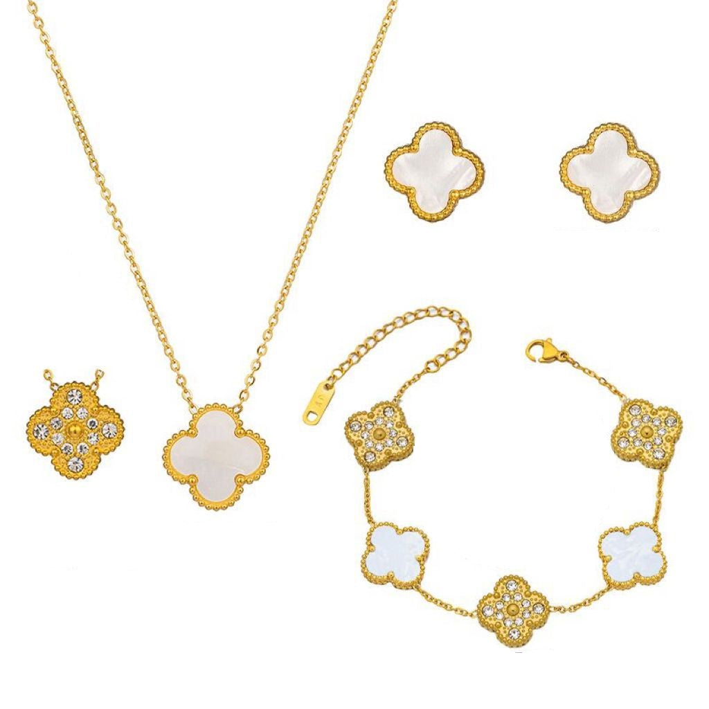 Four Leaf Clover Necklace Earrings and Bracelet Set White