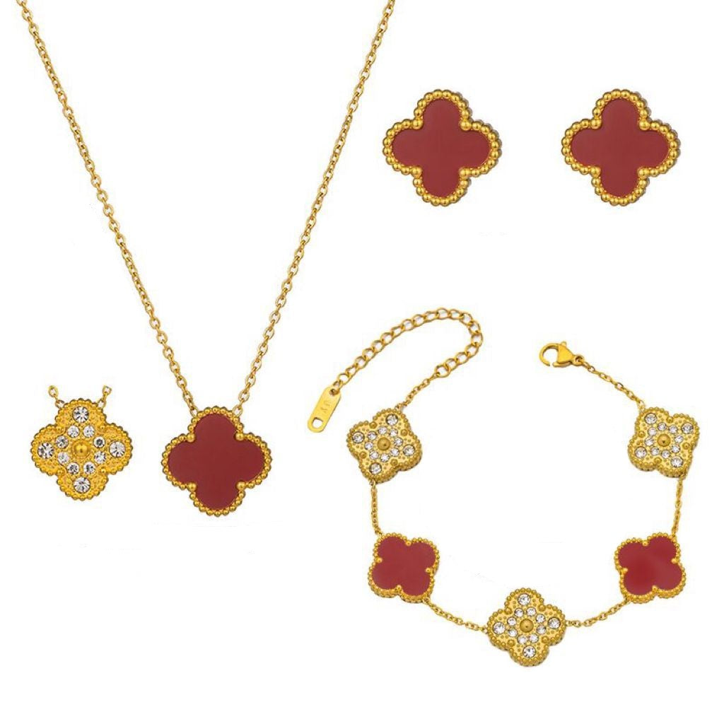Four Leaf Clover Necklace Earrings and Bracelet Set Red