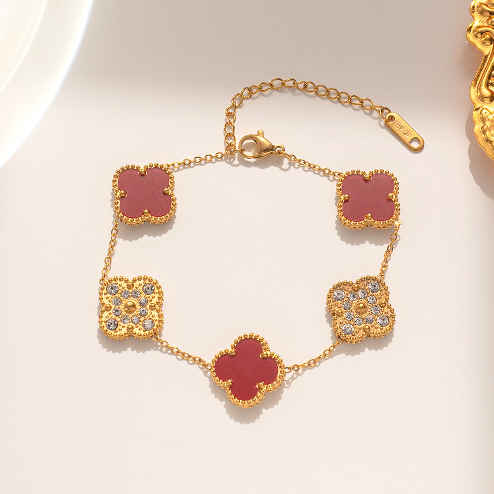Four Leaf Clover Necklace Earrings and Bracelet Set Red