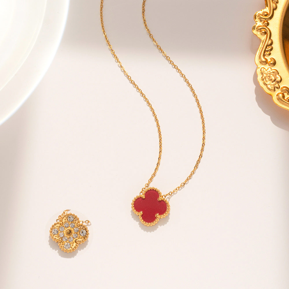 Four Leaf Clover Necklace Earrings and Bracelet Set Red