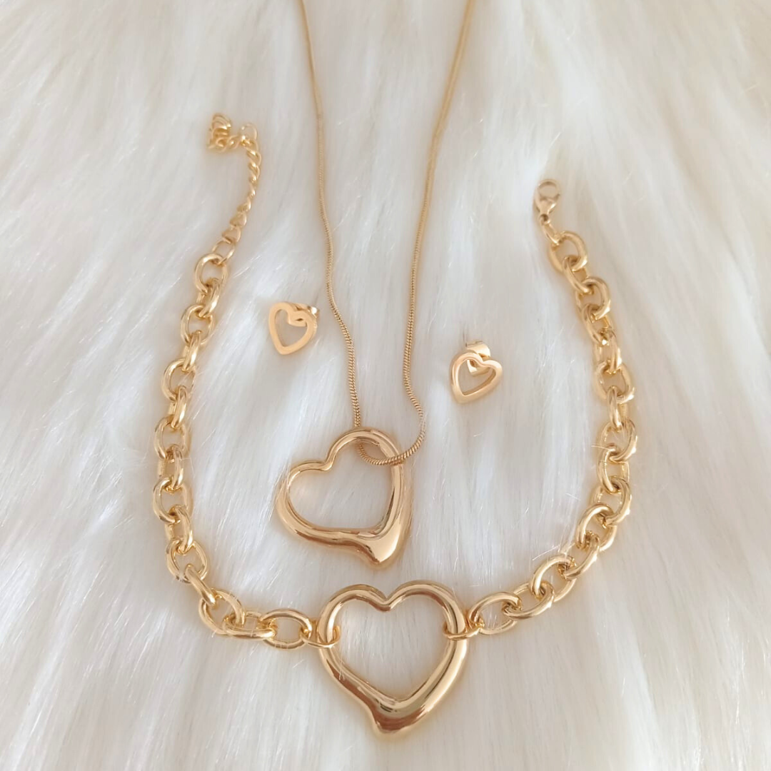 Hollow Heart Necklace, Bracelet and Earrings set