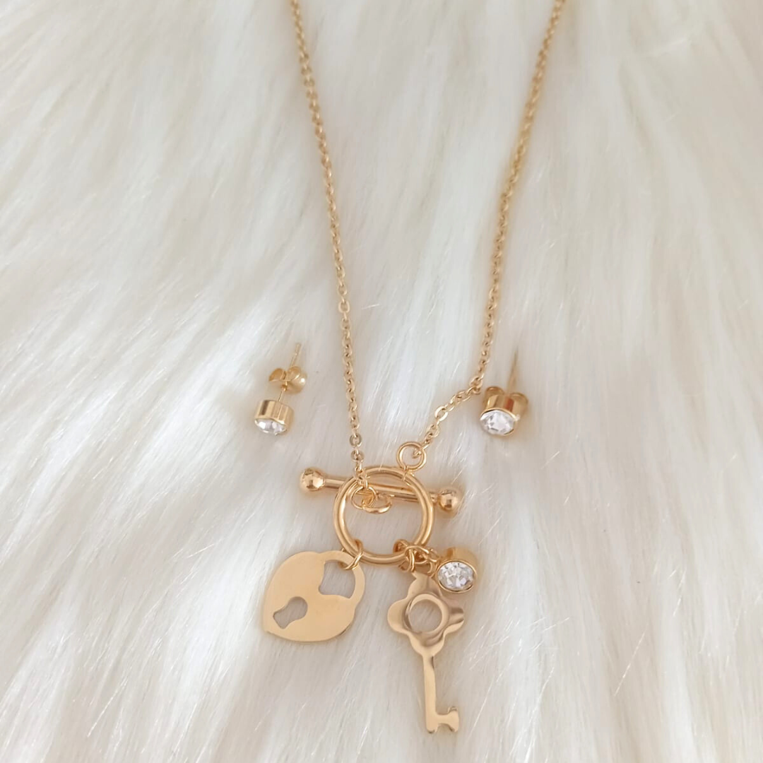 Heart and Key Necklace and Earrings set