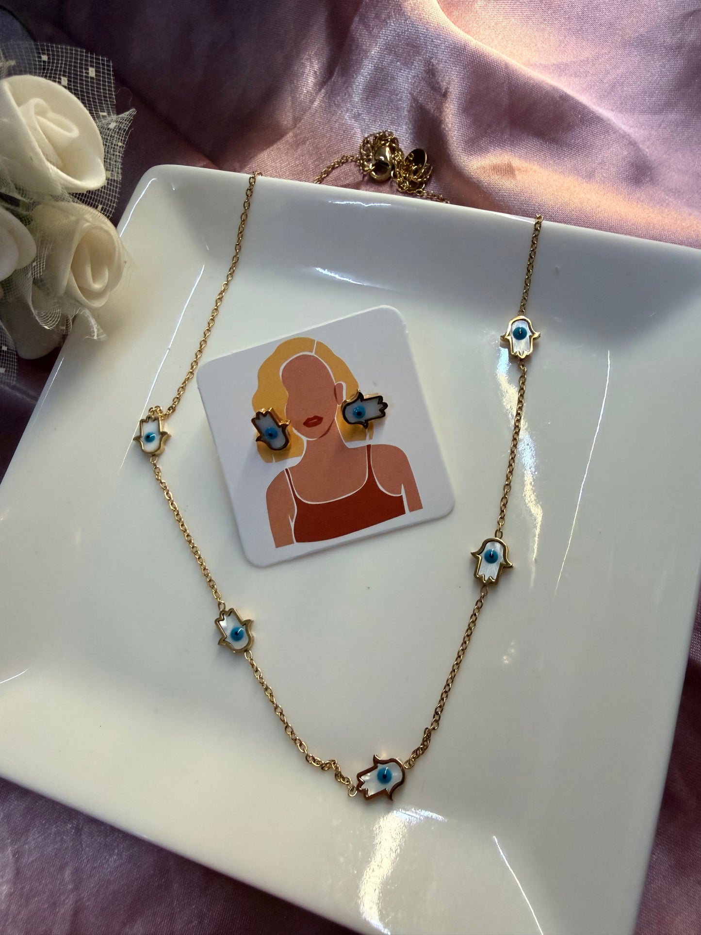 Hamsa Hand Necklace and Earrings Set