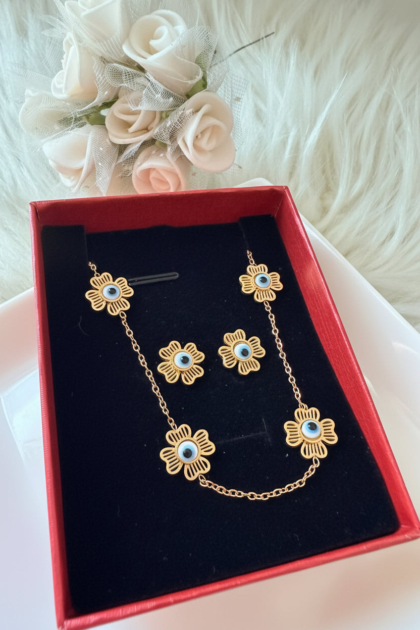 Flower Eye Necklace and Earrings Set