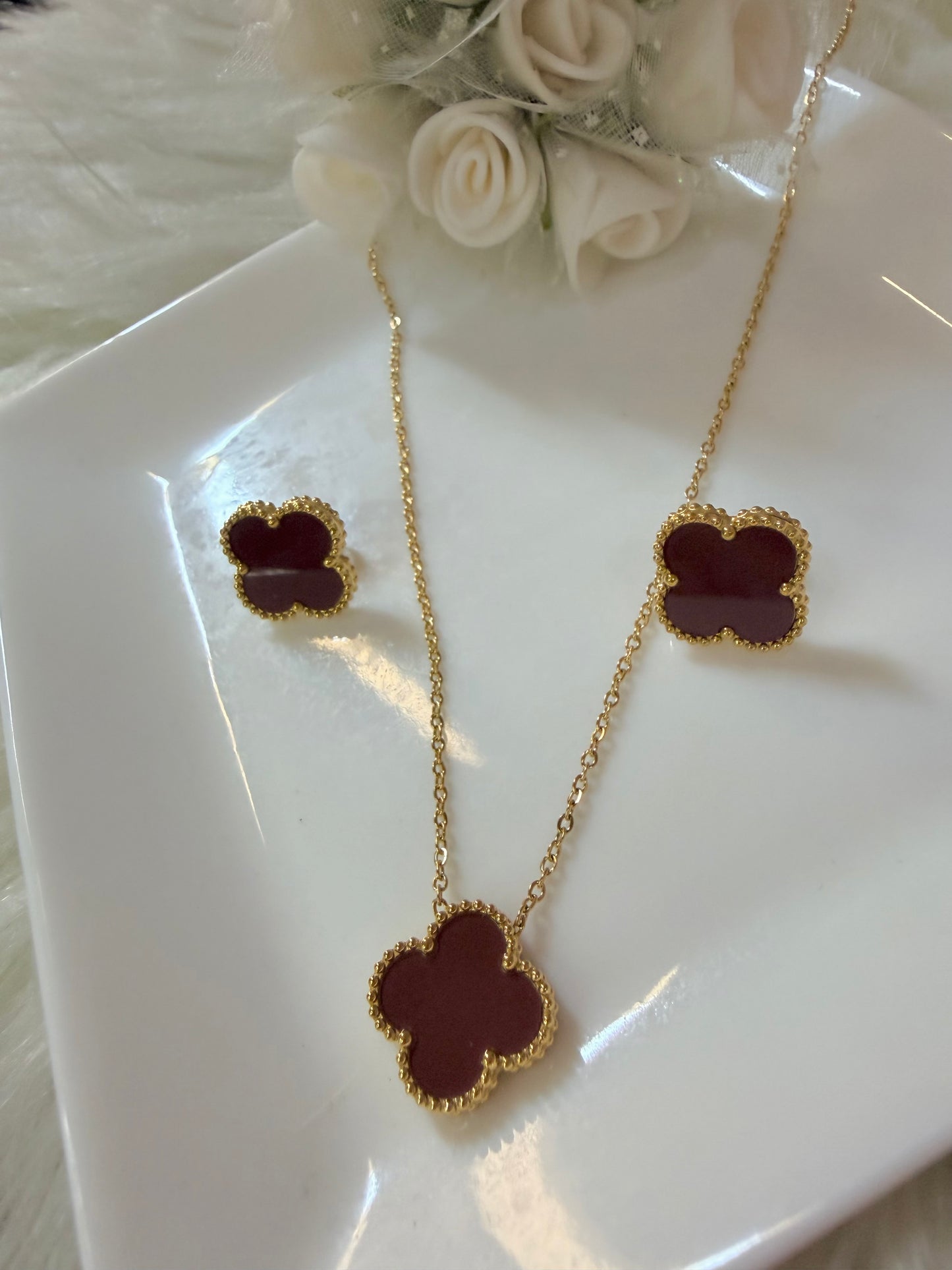 Four Leaf Clover Necklace and Earrings Set Red