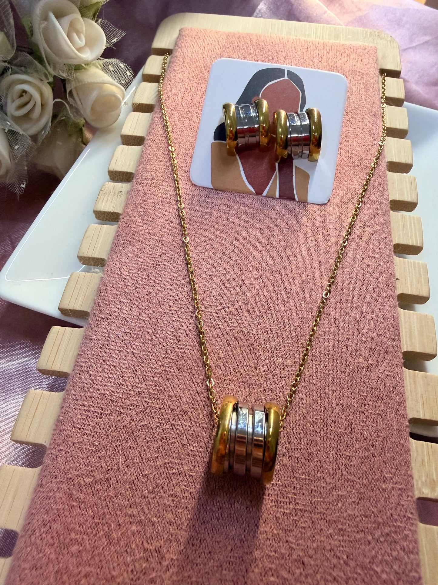 2 tone B zero Necklace and Earrings Set