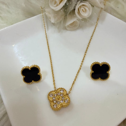 Four Leaf Clover Necklace and Earrings Set Black