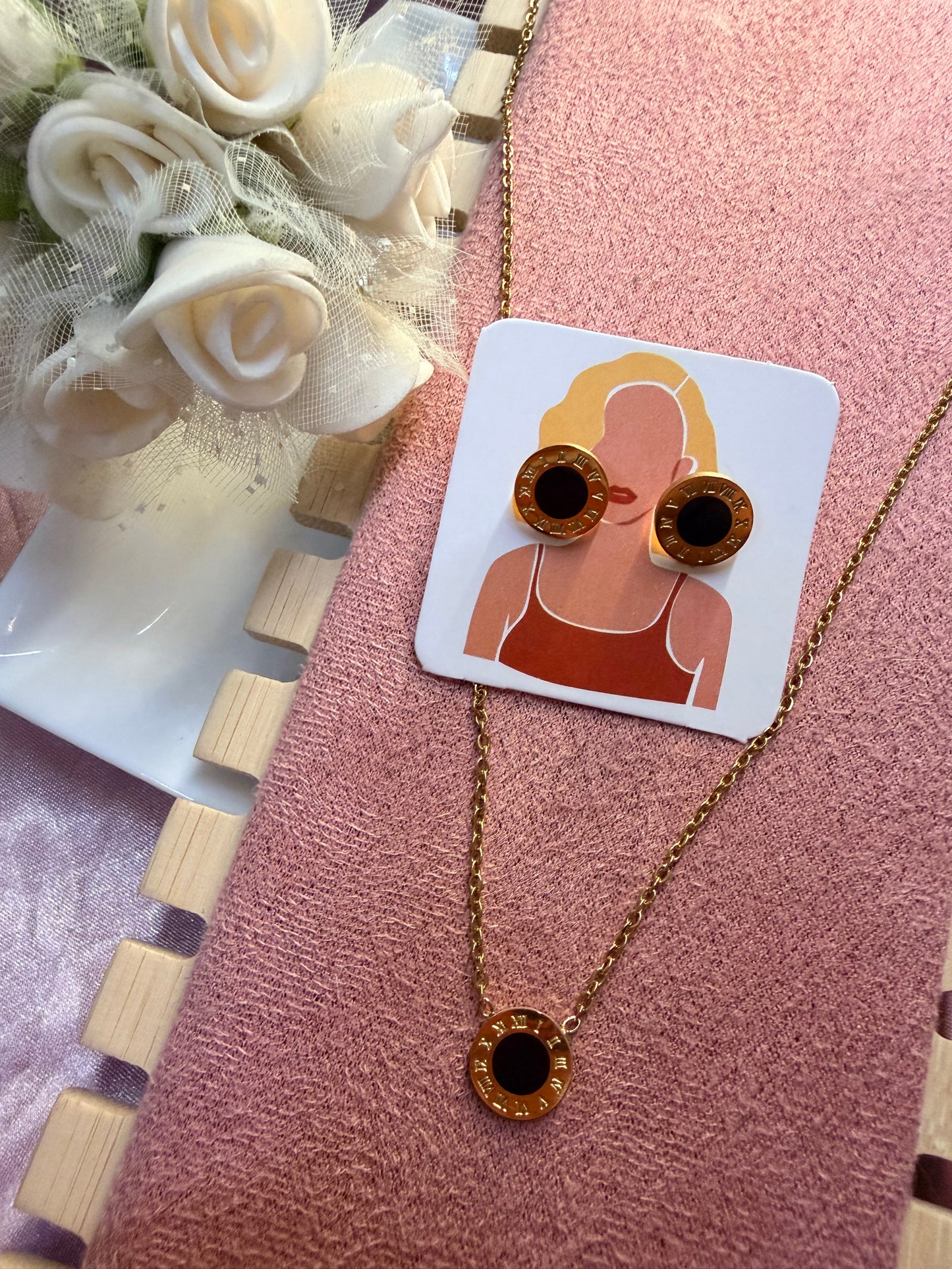 Black Enamel Necklace and Earrings Set