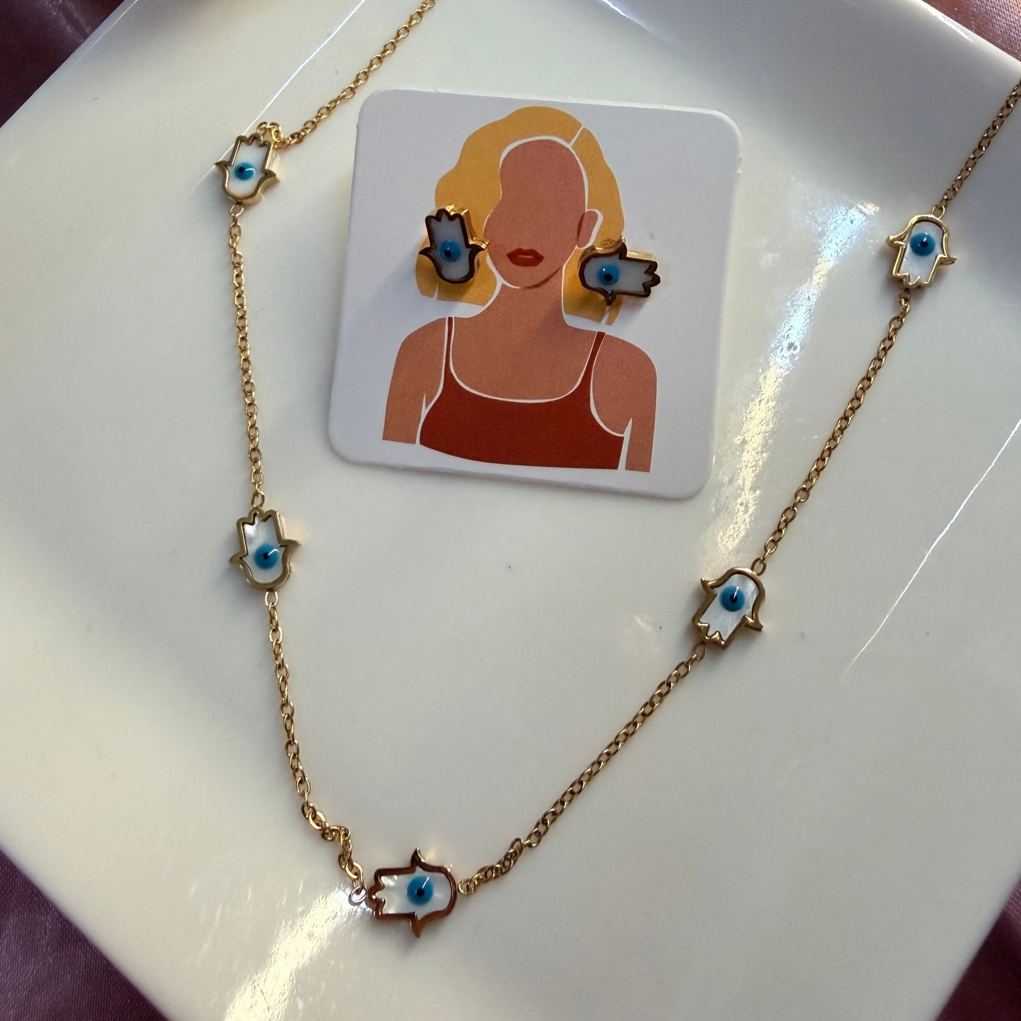 Hamsa Hand Necklace and Earrings Set