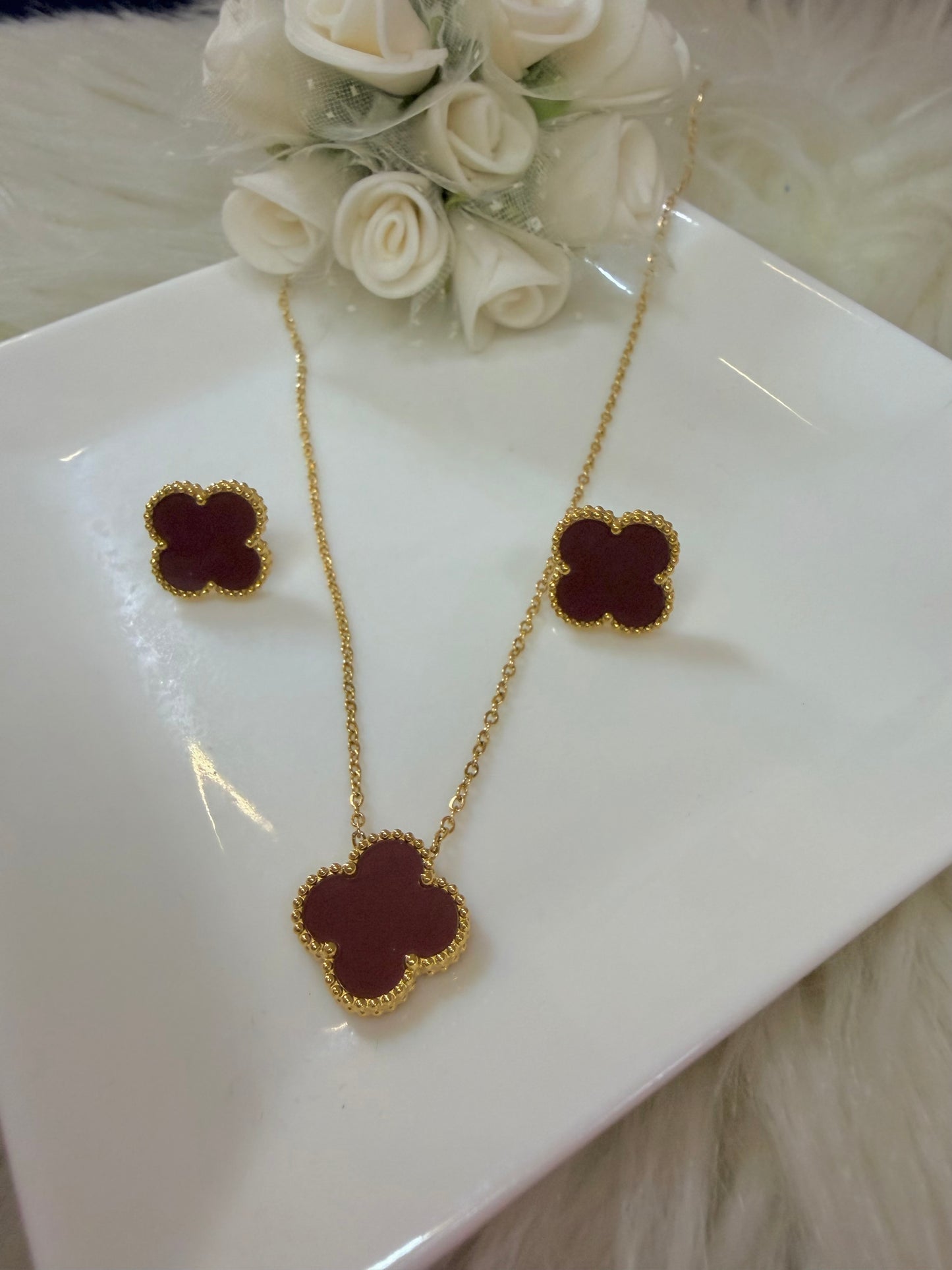 Four Leaf Clover Necklace and Earrings Set Red