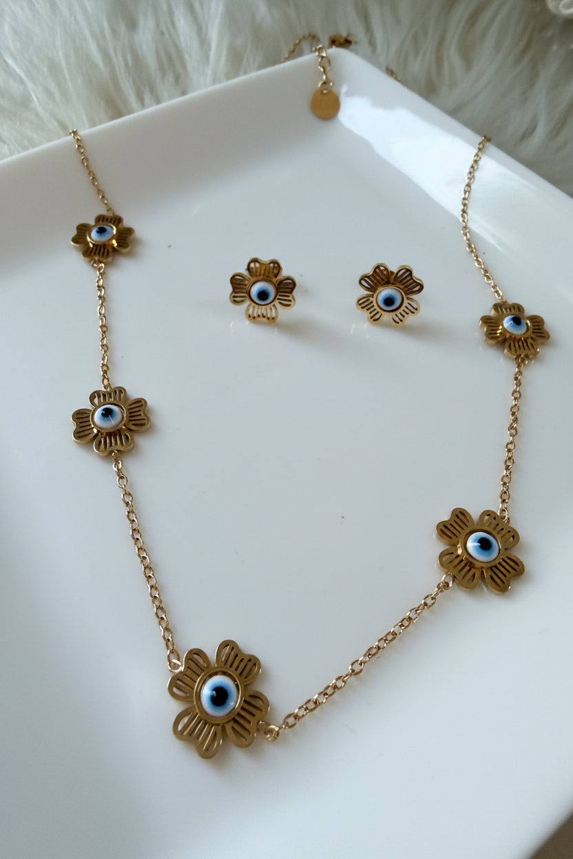 Flower Eye Necklace and Earrings Set