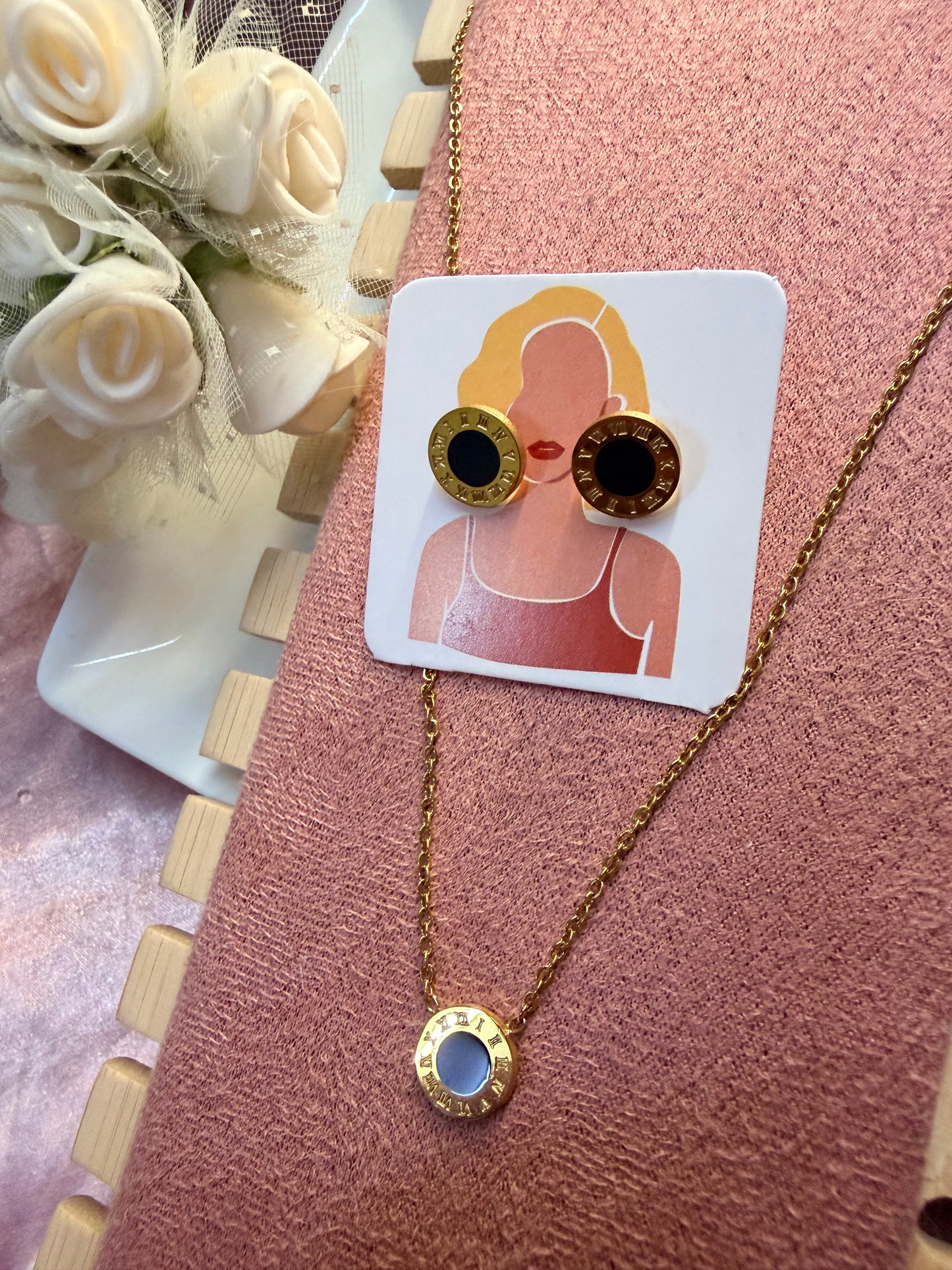 Black Enamel Necklace and Earrings Set
