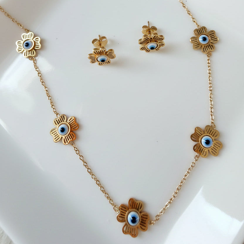 Flower Eye Necklace and Earrings Set