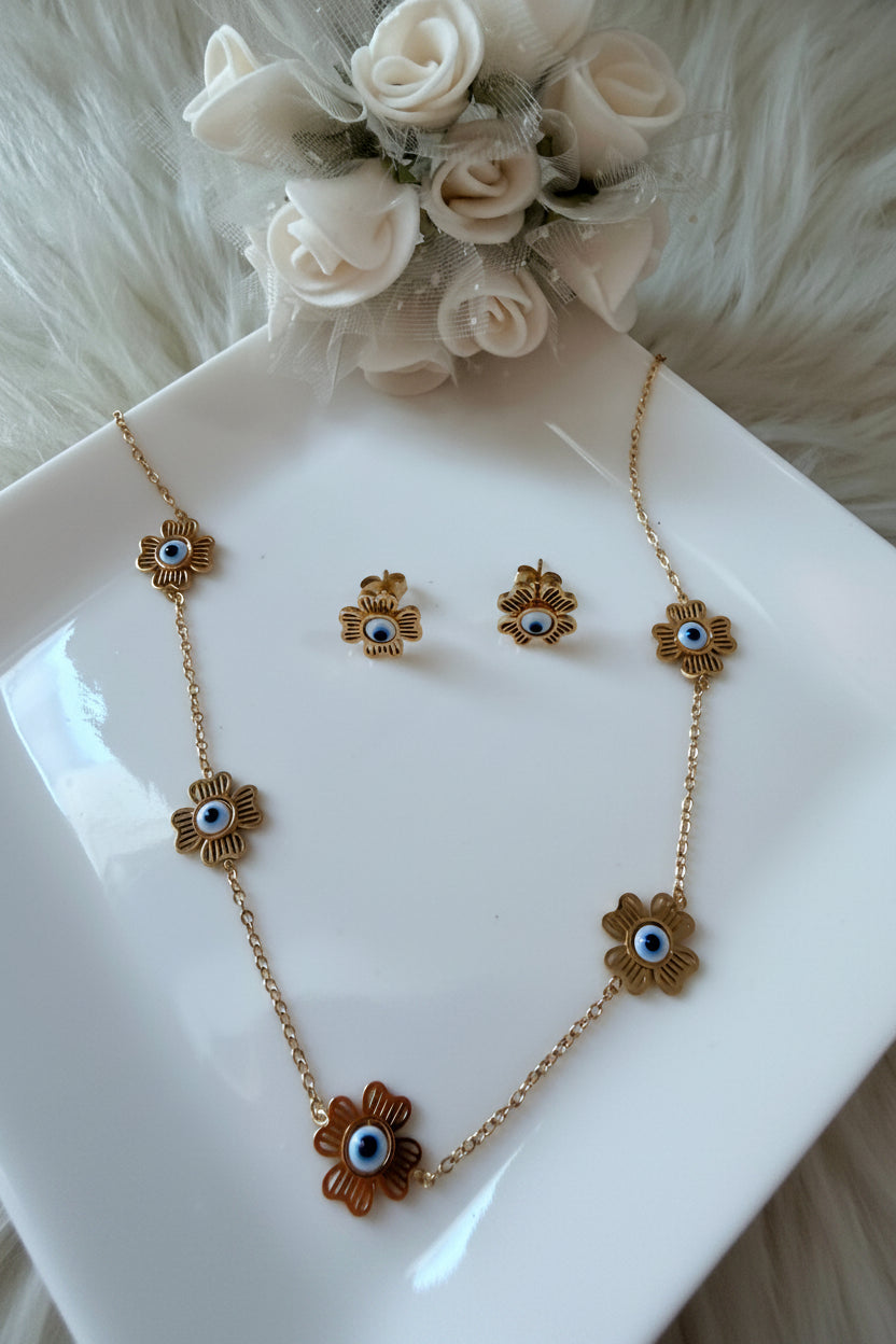 Flower Eye Necklace and Earrings Set