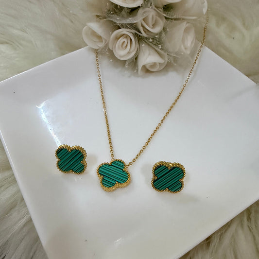 Four Leaf Clover Necklace and Earrings Set Green