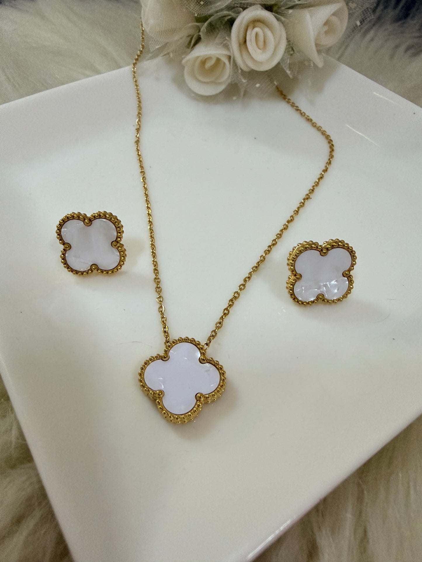 Four Leaf Clover Necklace and Earrings Set White