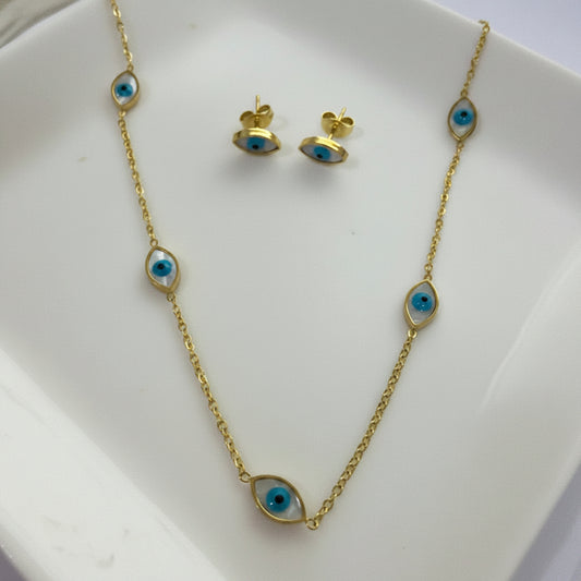 Gold necklace and earrings with blue eye design
