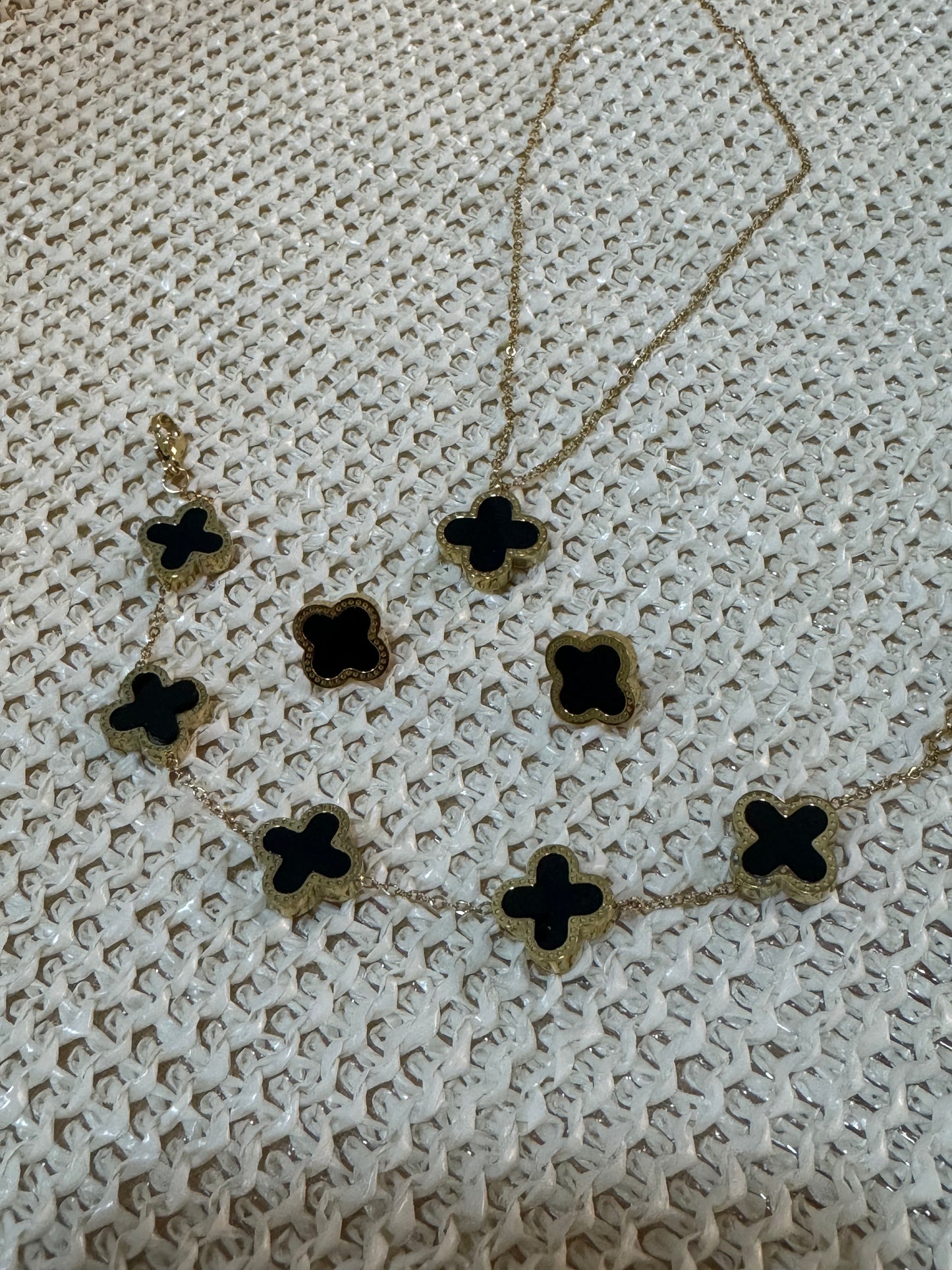 Four Leaf Clover Necklace Bracelet and Earrings Set Black