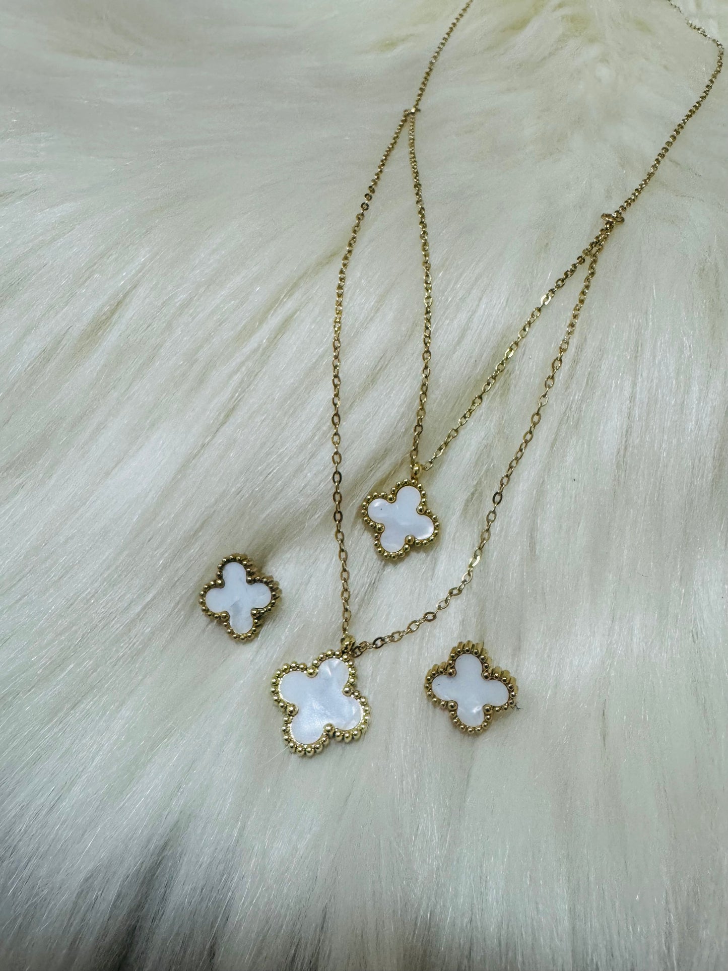 White Four Leaf Clover Layered Necklace and Earrings Set