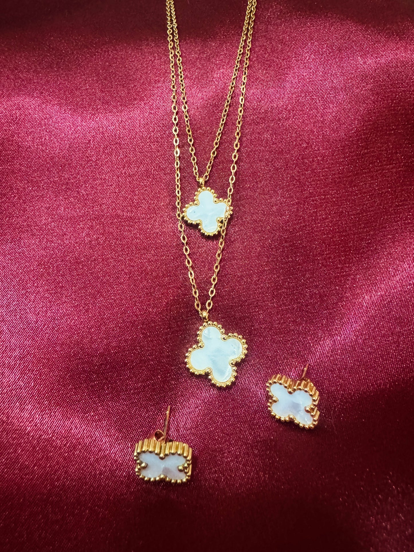 White Four Leaf Clover Layered Necklace and Earrings Set