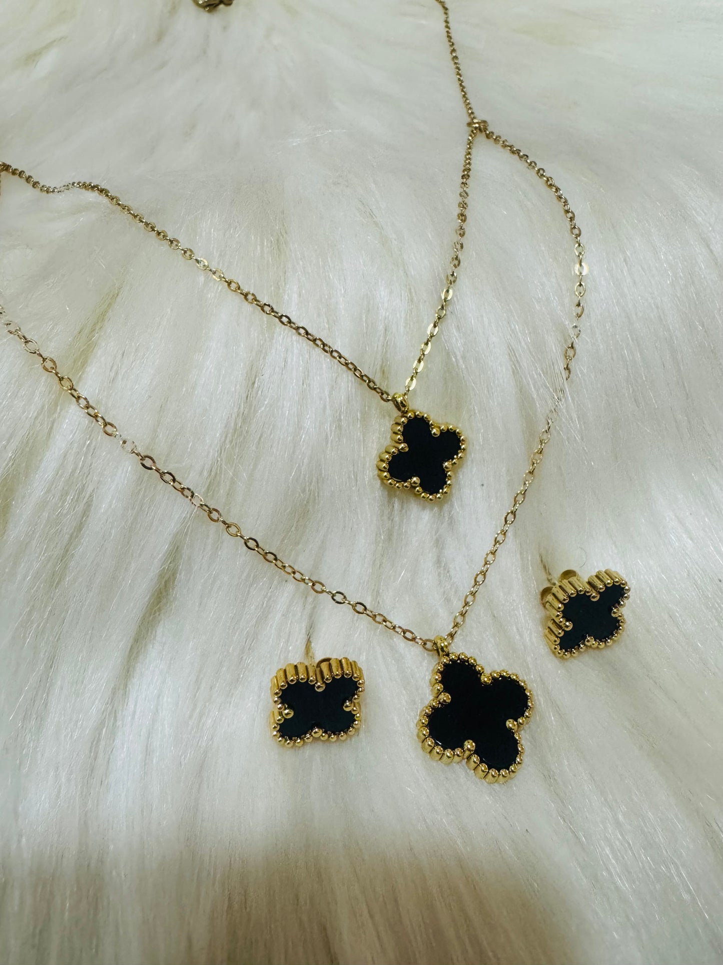 Black Four Leaf Clover Layered Necklace and Earrings Set