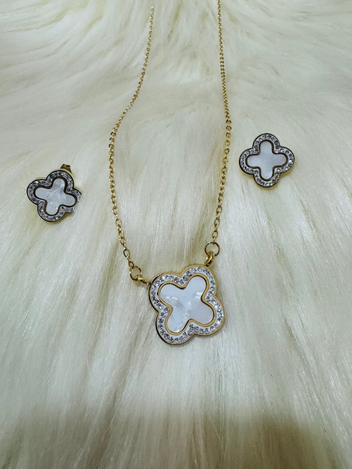 Studded Four Leaf Clover Necklace and Earrings Set