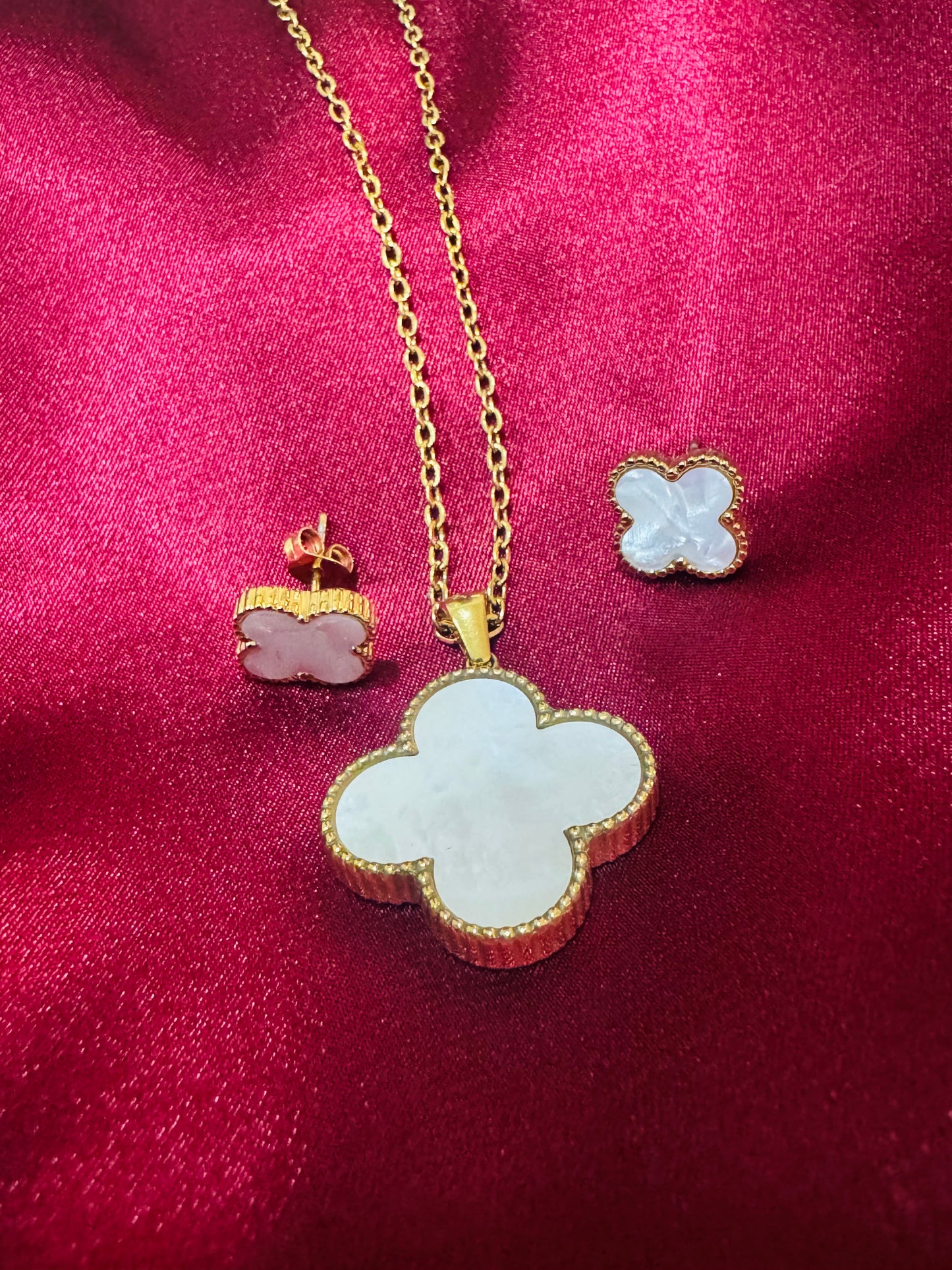 White Four Leaf Clover Necklace and Earrings Set