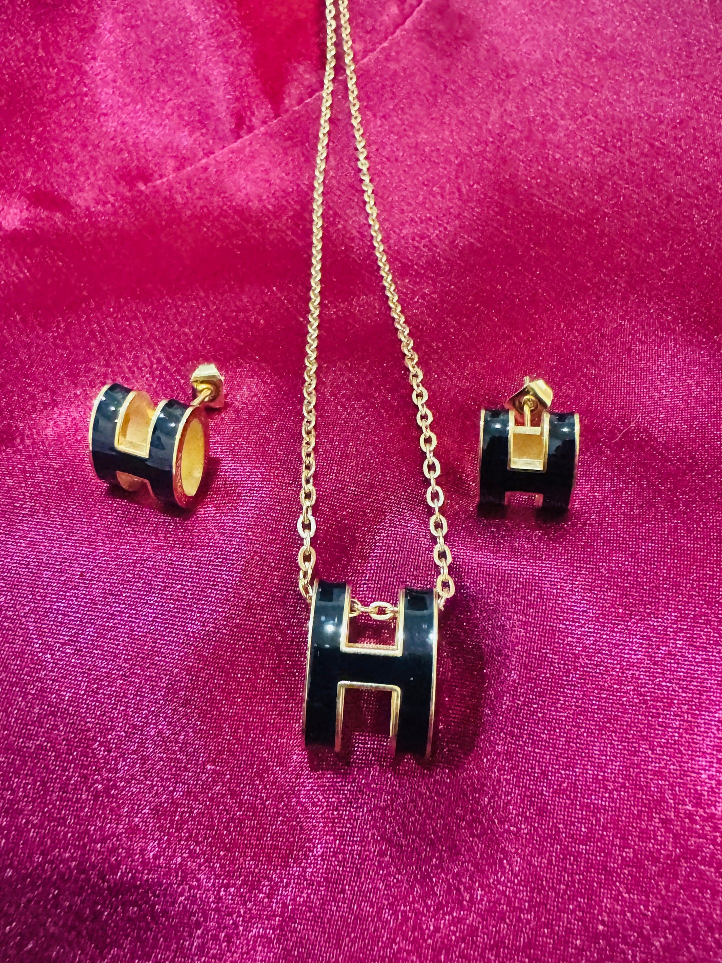 H Black Enamel Necklace and Earrings Set