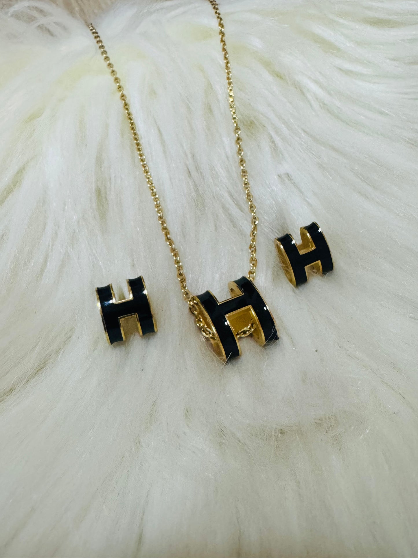 H Black Enamel Necklace and Earrings Set