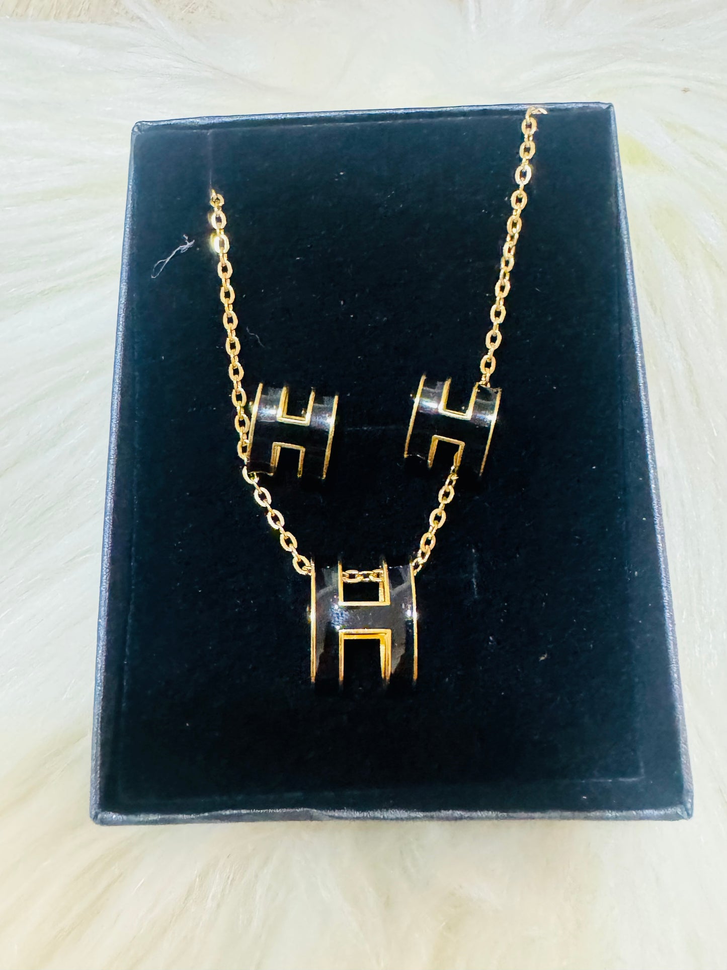 H Black Enamel Necklace and Earrings Set