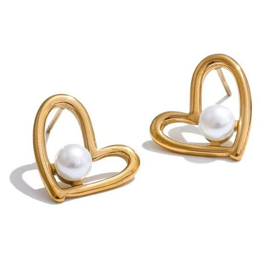 Luna Hollow Heart Pearl Stud Earrings