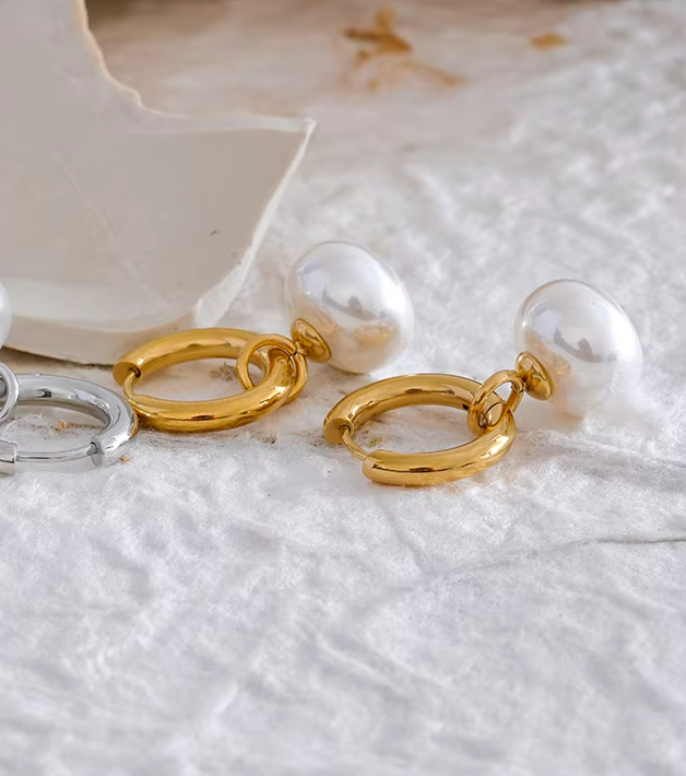 Pearls Drop Golden Hoop Earrings