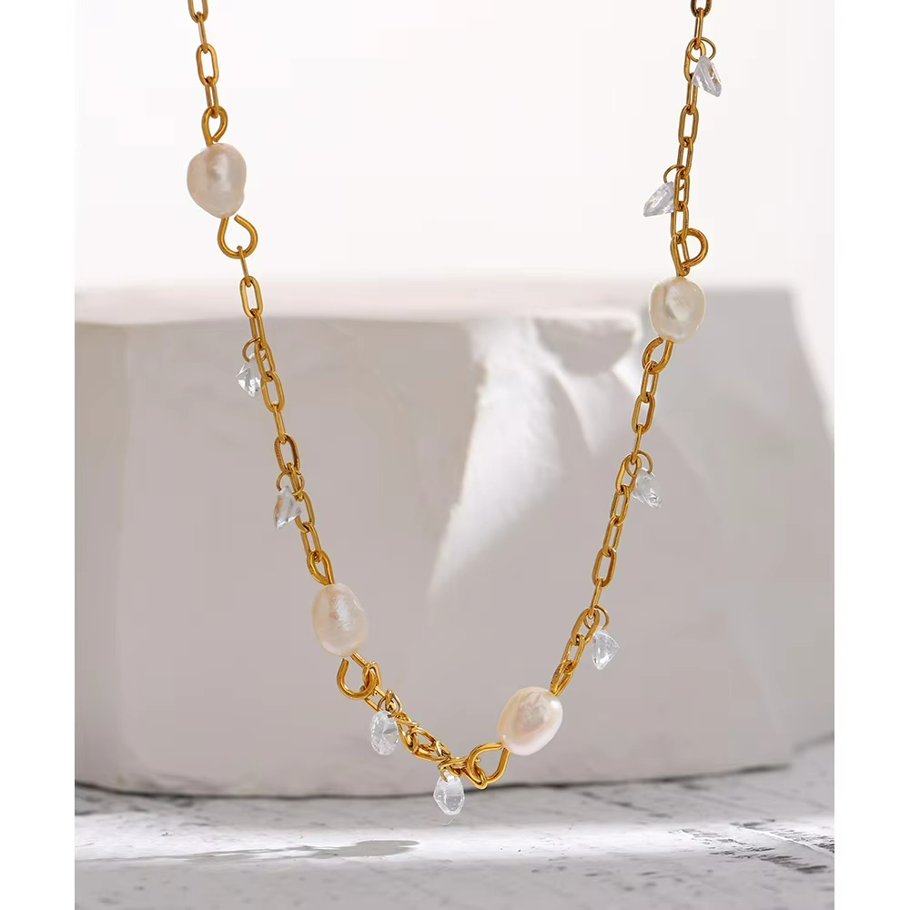 Natural Pearl & CZ Chain Necklace