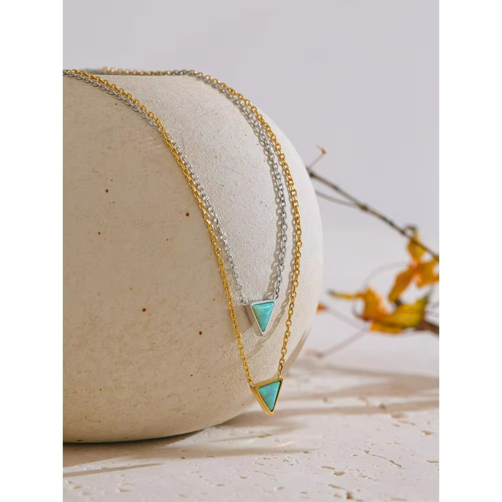 Natural Opal Stone Triangle Pendant Necklace
